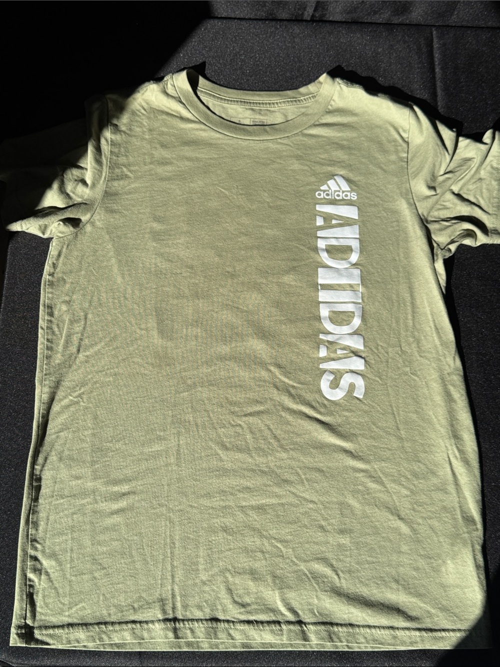 adidas Olive Green Short Sleeve Tee with Vertical White Logo